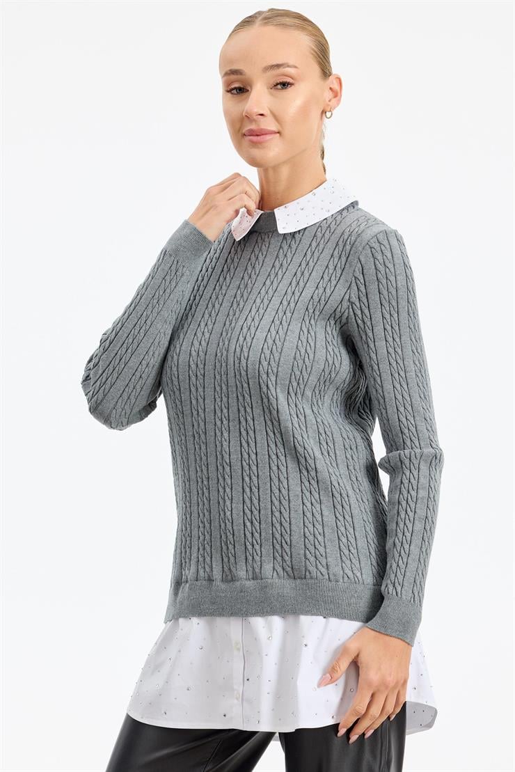 Taş Gömlek Detaylı Tunik GRİ MELANJ