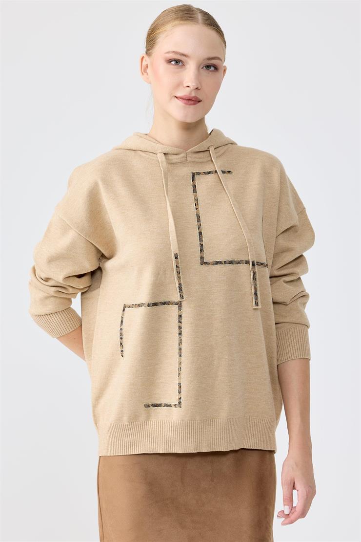 Taş İşlemeli Kapşonlu  Bluz CAMEL