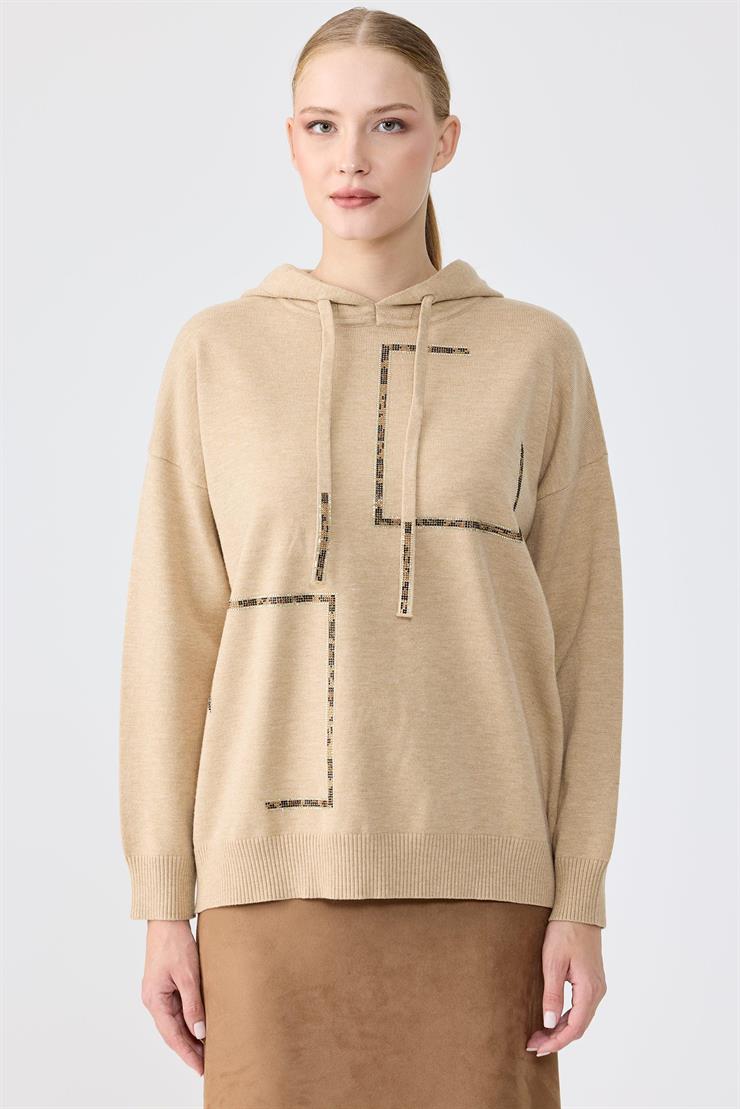 Taş İşlemeli Kapşonlu  Bluz CAMEL
