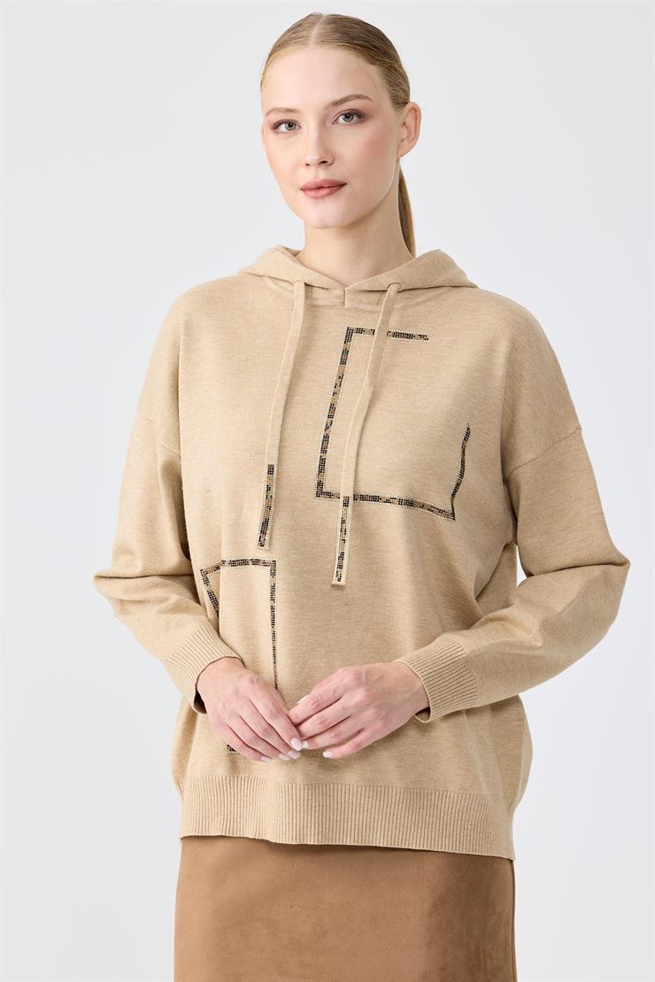 Taş İşlemeli Kapşonlu  Bluz CAMEL