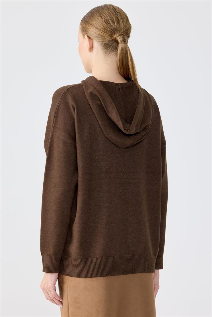 Taş İşlemeli Kapşonlu  Bluz KAHVE