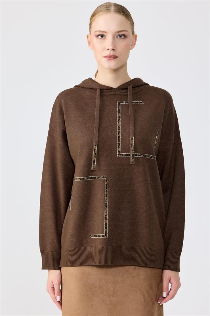 Taş İşlemeli Kapşonlu  Bluz KAHVE