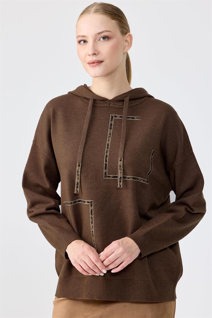 Taş İşlemeli Kapşonlu  Bluz KAHVE