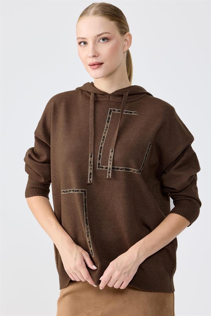 Taş İşlemeli Kapşonlu  Bluz KAHVE