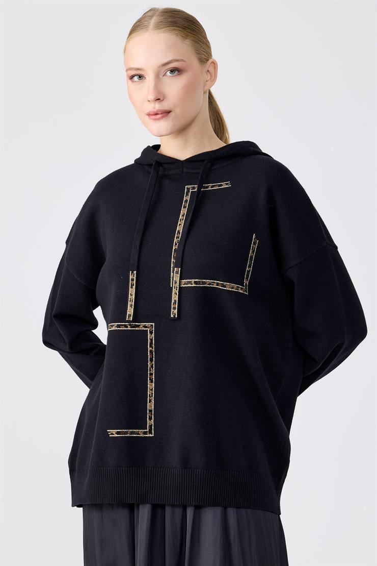 Taş İşlemeli Kapşonlu  Bluz SİYAH