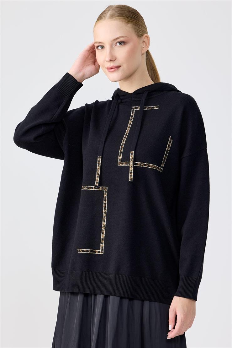 Taş İşlemeli Kapşonlu  Bluz SİYAH