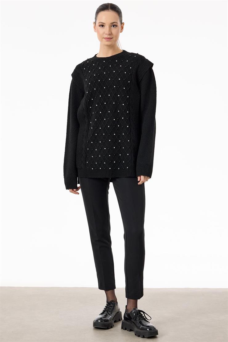 Taş İşlemeli Yürütmeli Tunik SİYAH