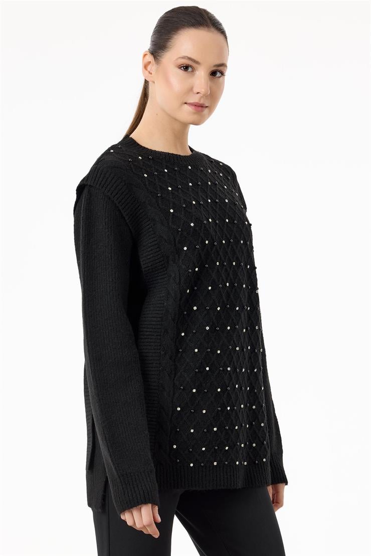 Taş İşlemeli Yürütmeli Tunik SİYAH