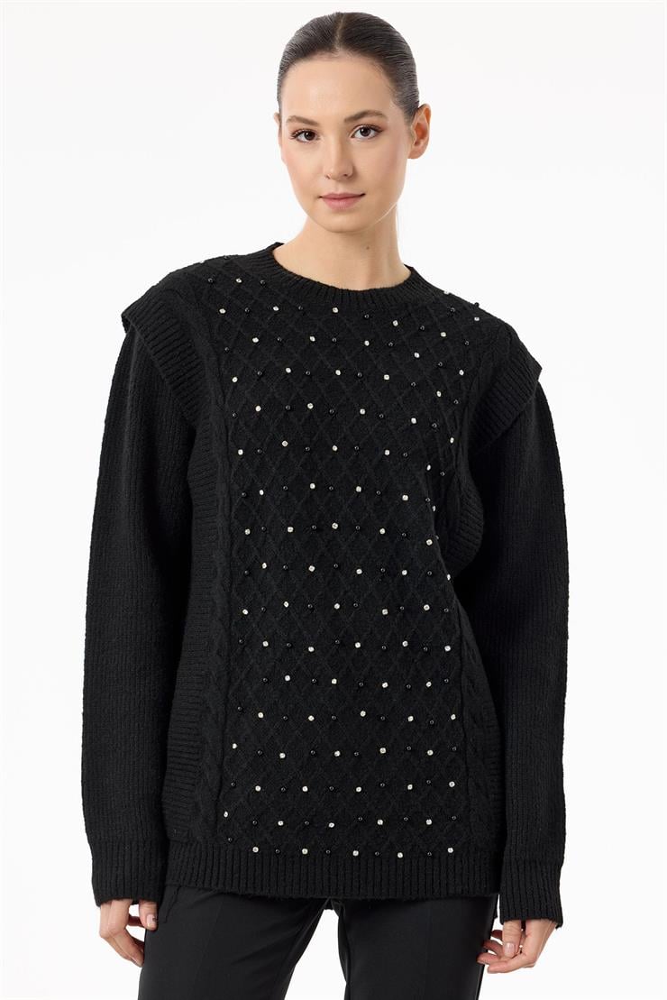 Taş İşlemeli Yürütmeli Tunik SİYAH