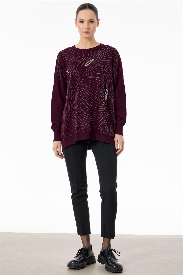 Taşlı Ağ Desenli Triko Tunik KIRMIZI