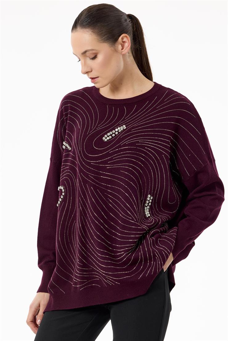 Taşlı Ağ Desenli Triko Tunik KIRMIZI