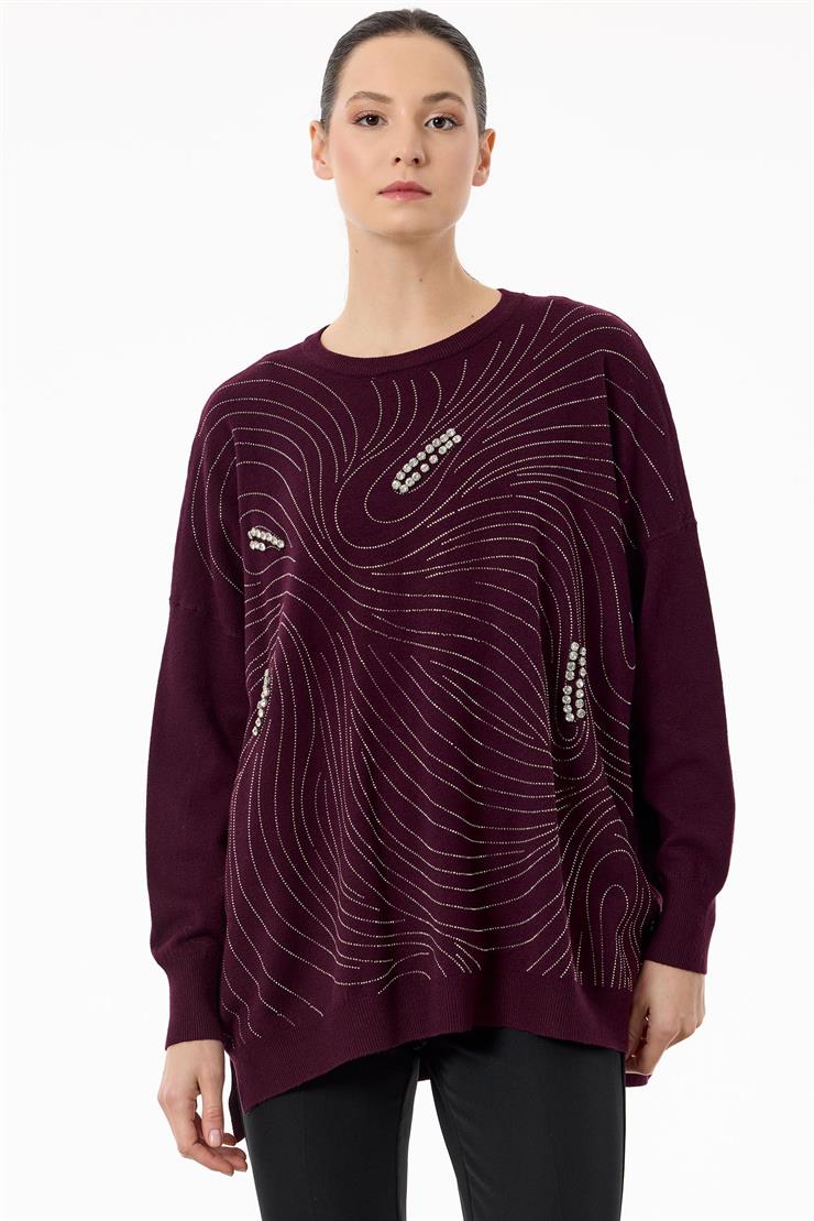 Taşlı Ağ Desenli Triko Tunik KIRMIZI