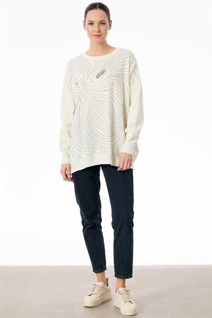 Taşlı Ağ Desenli Triko Tunik EKRU