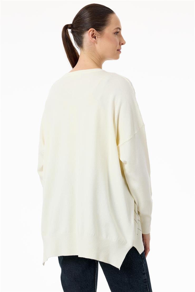 Taşlı Ağ Desenli Triko Tunik EKRU