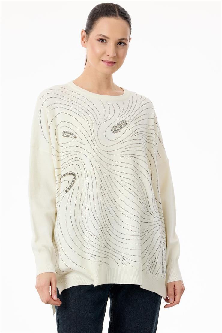 Taşlı Ağ Desenli Triko Tunik EKRU