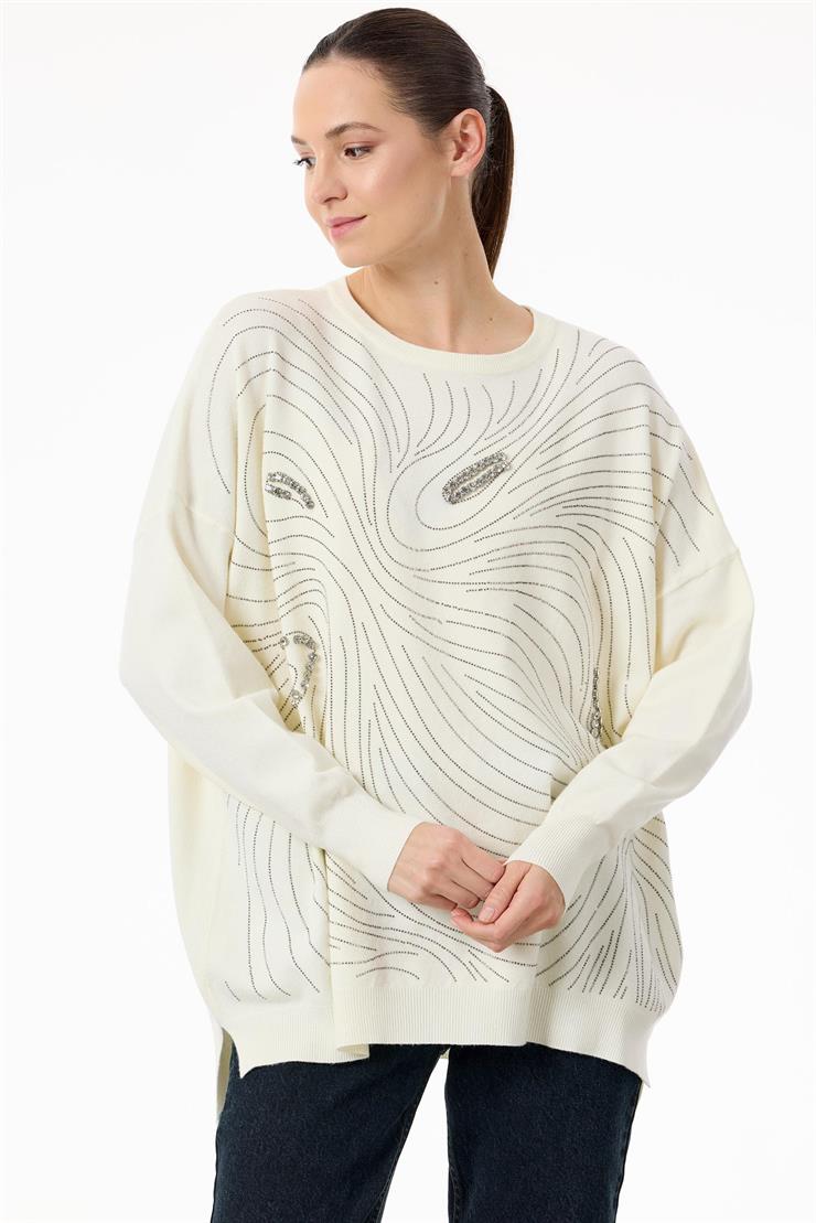 Taşlı Ağ Desenli Triko Tunik EKRU
