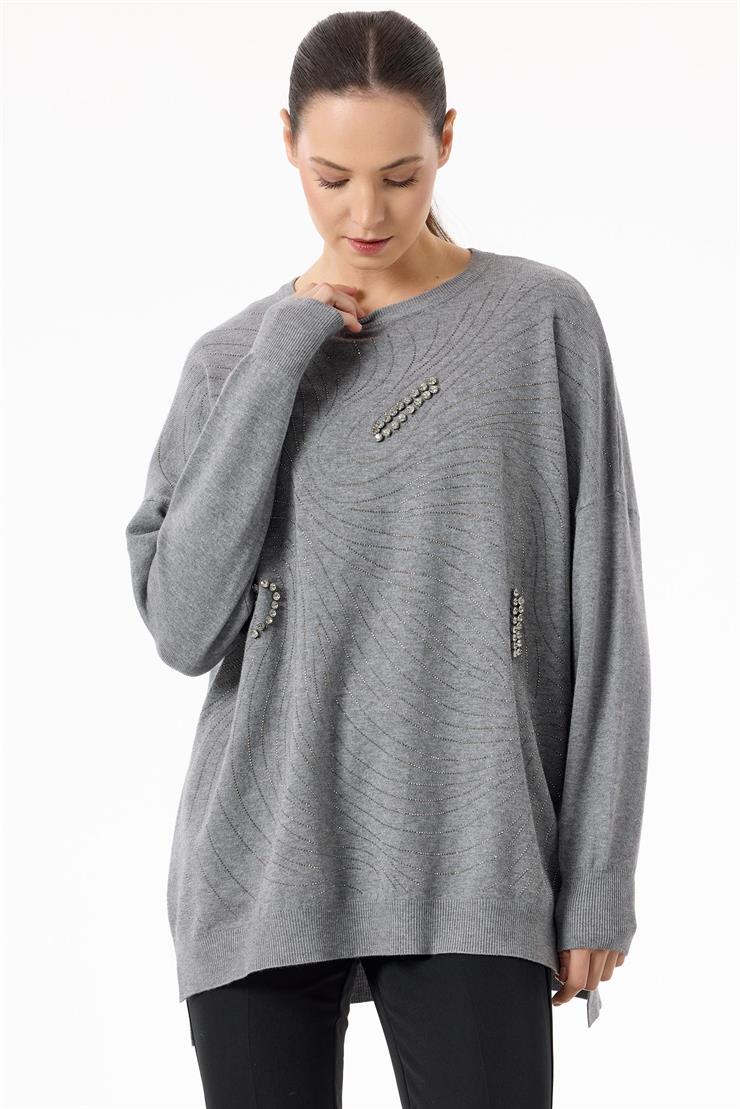 Taşlı Ağ Desenli Triko Tunik GRİ