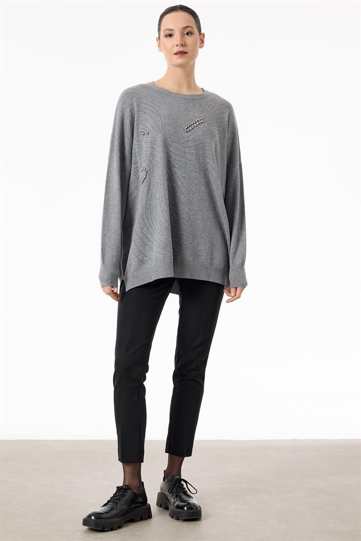 Taşlı Ağ Desenli Triko Tunik GRİ