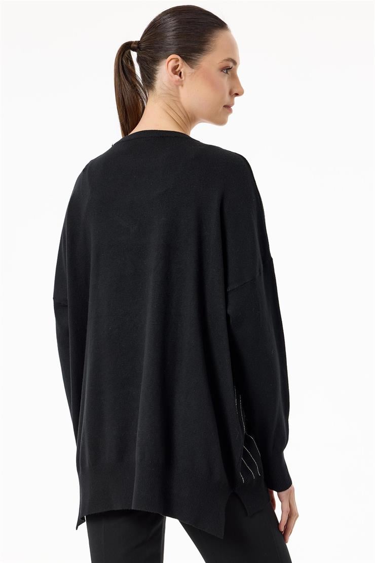 Taşlı Ağ Desenli Triko Tunik SİYAH