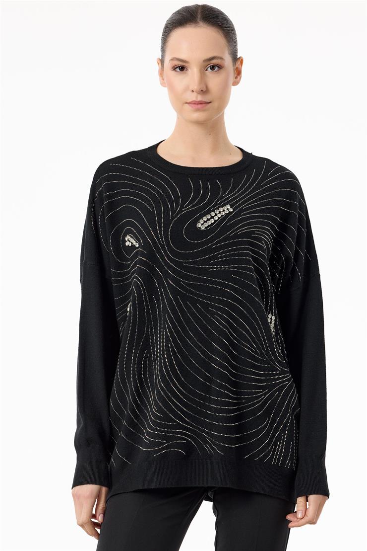Taşlı Ağ Desenli Triko Tunik SİYAH