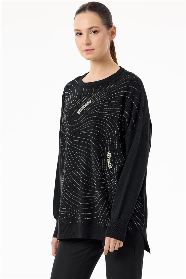 Taşlı Ağ Desenli Triko Tunik SİYAH
