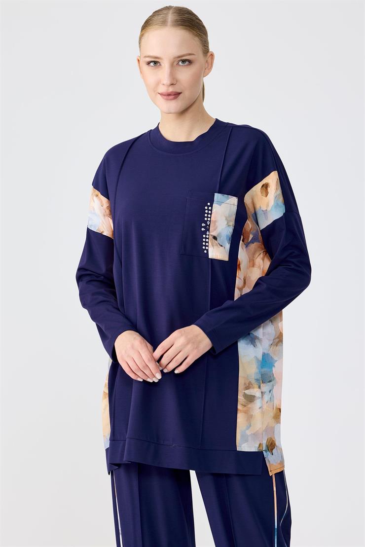 Taşlı Kontrast Cep Detaylı İkili Takım LACİVERT