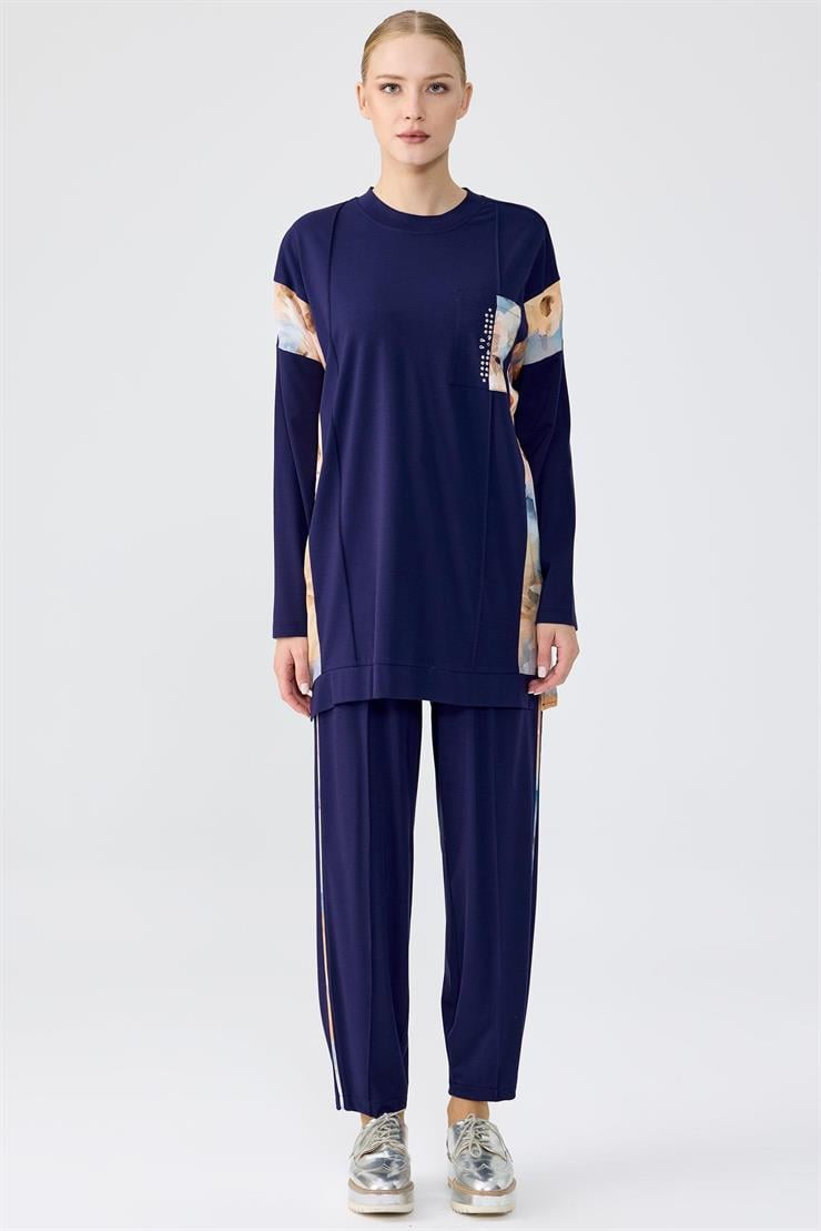 Taşlı Kontrast Cep Detaylı İkili Takım LACİVERT