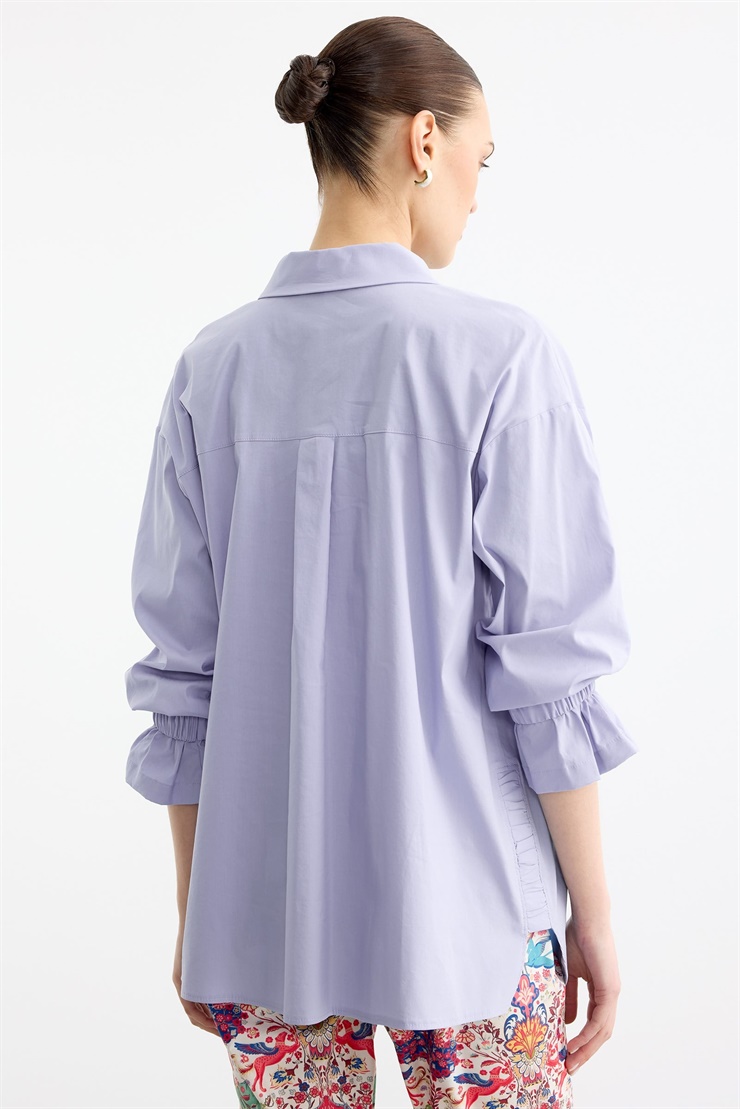 Taşlı Şeritli Büzgü Detaylı Gömlek LİLA