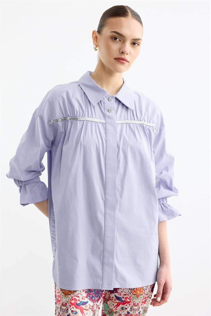 Taşlı Şeritli Büzgü Detaylı Gömlek LİLA