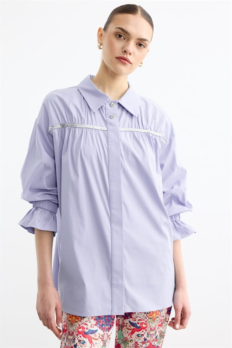 Taşlı Şeritli Büzgü Detaylı Gömlek LİLA