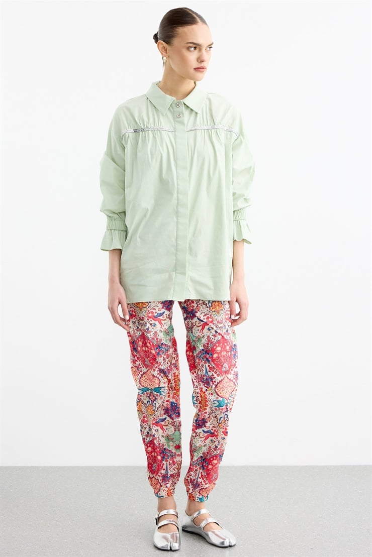 Taşlı Şeritli Büzgü Detaylı Gömlek MİNT YEŞİLİ