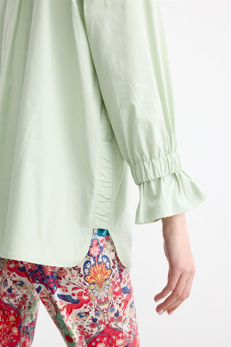 Taşlı Şeritli Büzgü Detaylı Gömlek MİNT YEŞİLİ