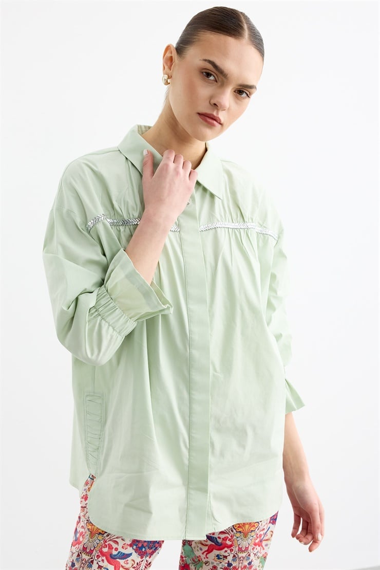 Taşlı Şeritli Büzgü Detaylı Gömlek MİNT YEŞİLİ