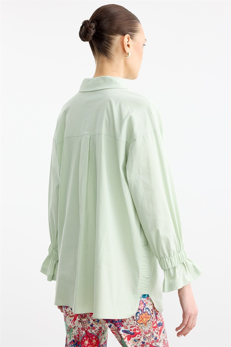 Taşlı Şeritli Büzgü Detaylı Gömlek MİNT YEŞİLİ