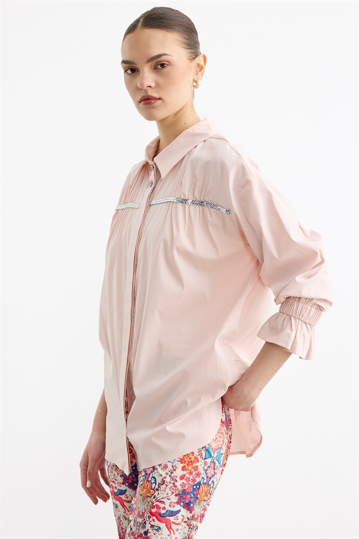 Taşlı Şeritli Büzgü Detaylı Gömlek PEMBE