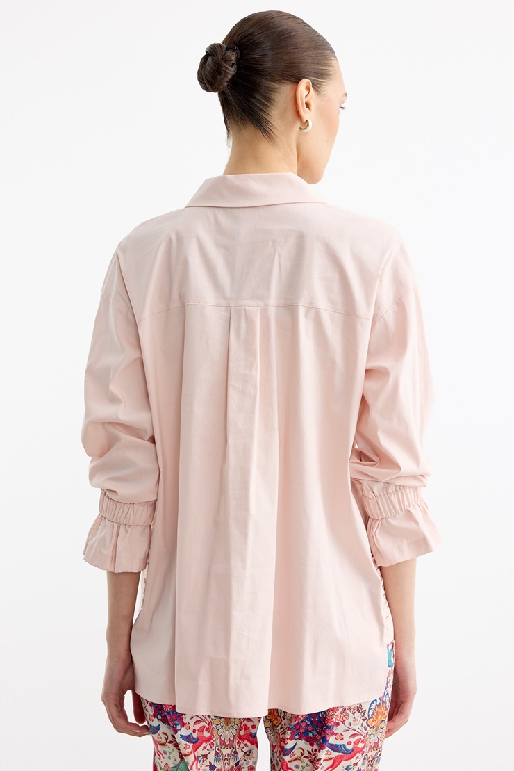 Taşlı Şeritli Büzgü Detaylı Gömlek PEMBE