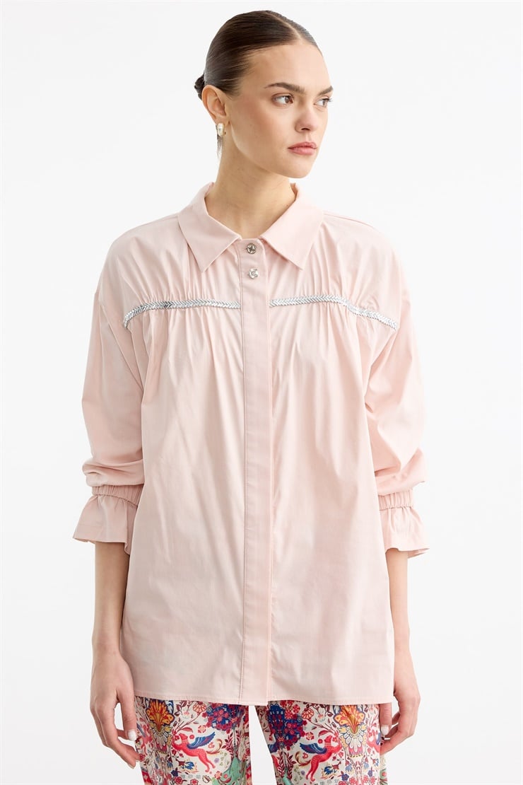 Taşlı Şeritli Büzgü Detaylı Gömlek PEMBE