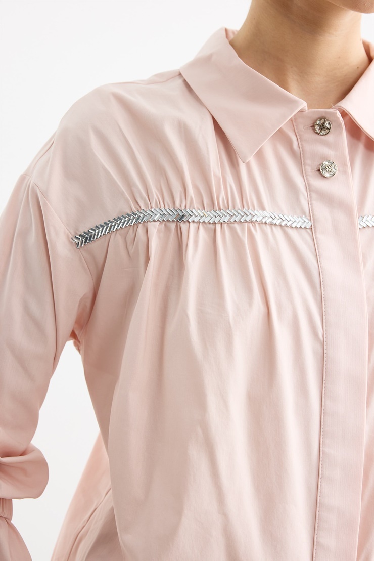 Taşlı Şeritli Büzgü Detaylı Gömlek PEMBE