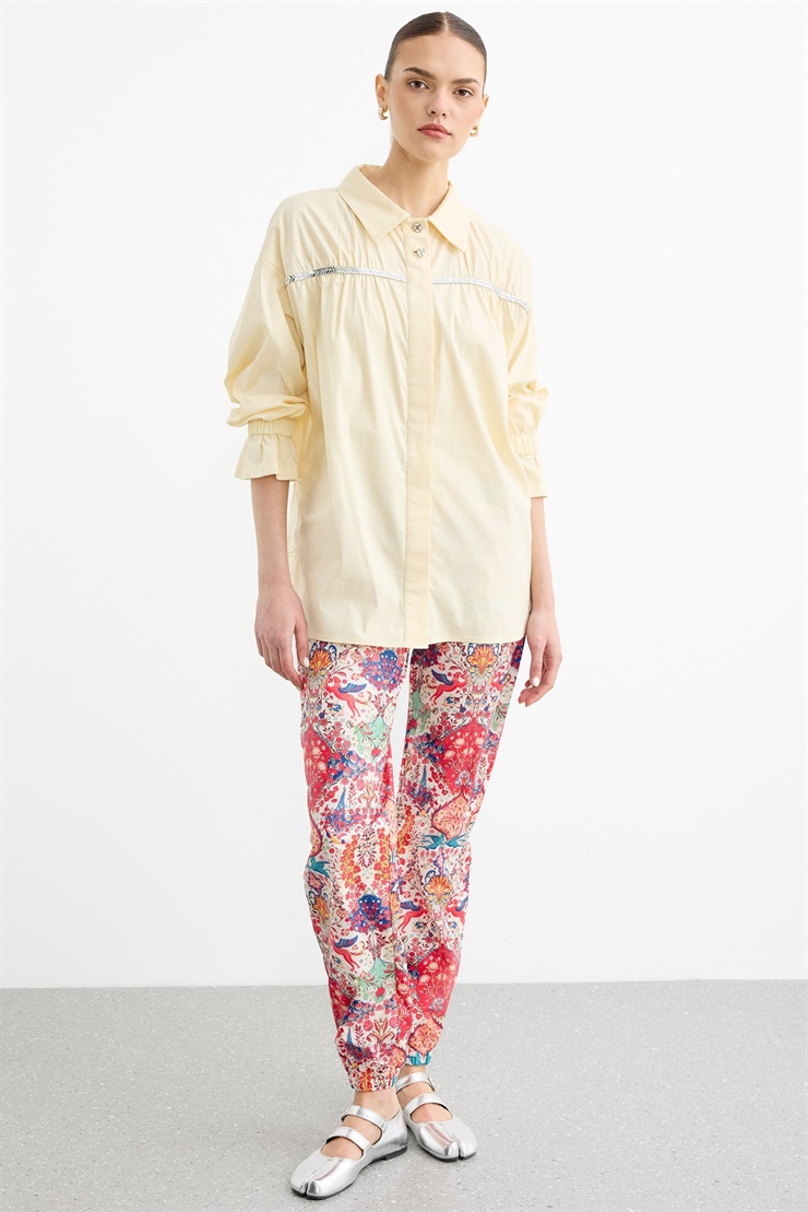 Taşlı Şeritli Büzgü Detaylı Gömlek SARI