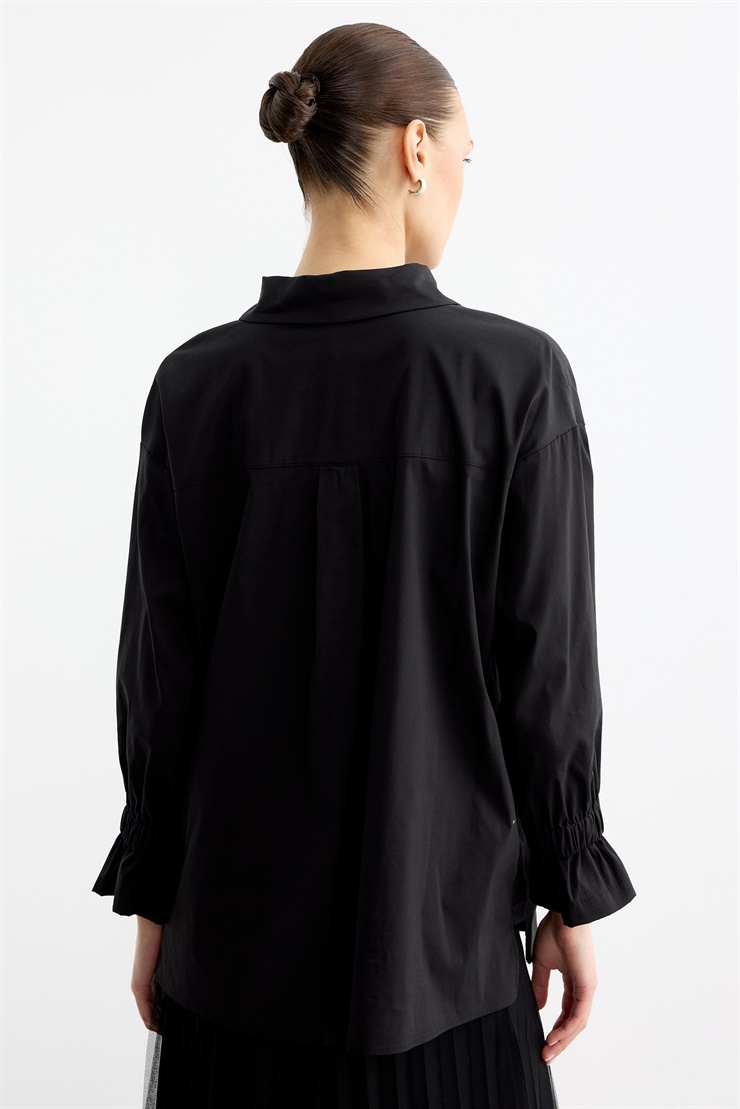 Taşlı Şeritli Büzgü Detaylı Gömlek SİYAH