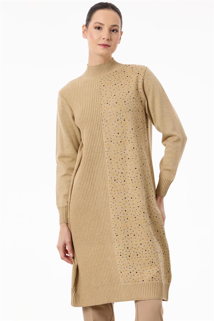 Tek Tarafı Serpme Payetli Fitilli Triko Tunik HAKİ