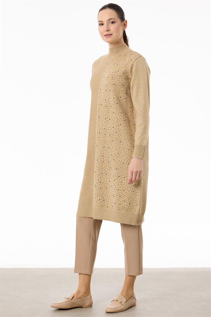 Tek Tarafı Serpme Payetli Fitilli Triko Tunik HAKİ