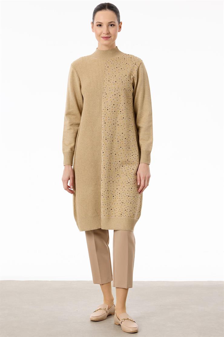 Tek Tarafı Serpme Payetli Fitilli Triko Tunik HAKİ