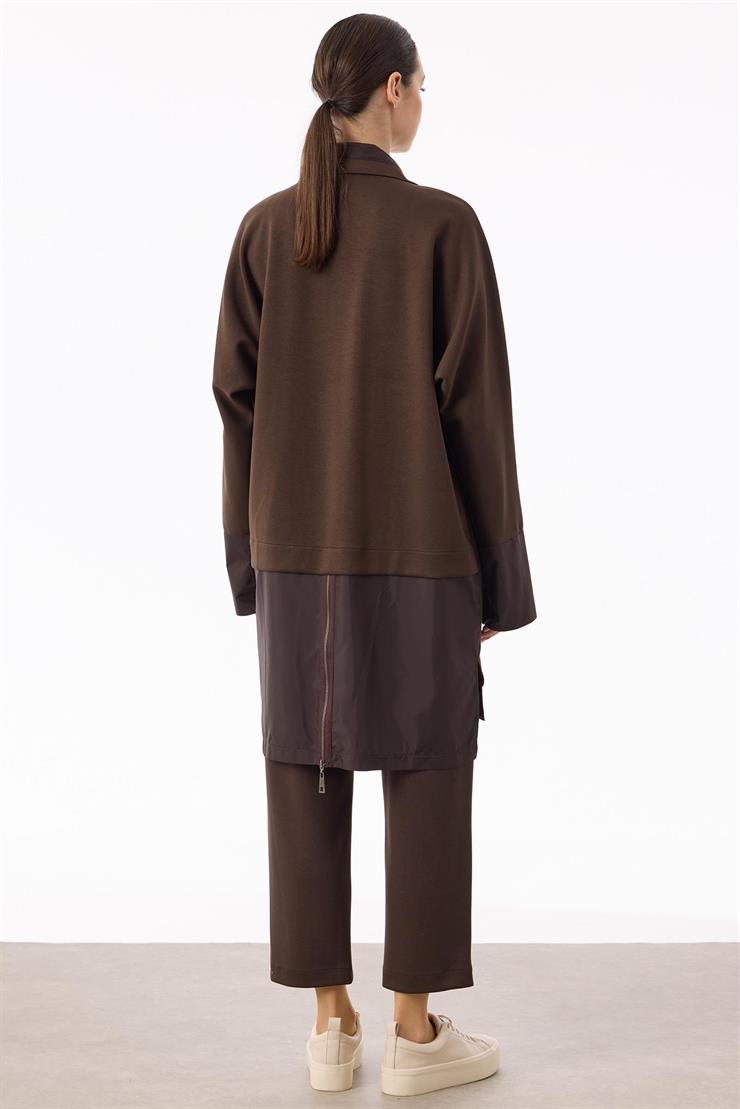 Teknik Kumaş Detaylı Önden Çıtçıtlı Takım KAHVE