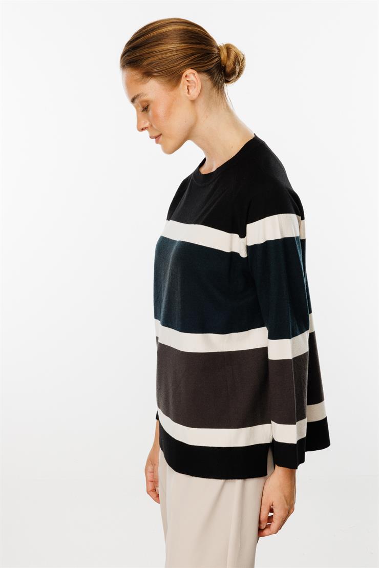 Triko Çizgili Bluz-SİYAH