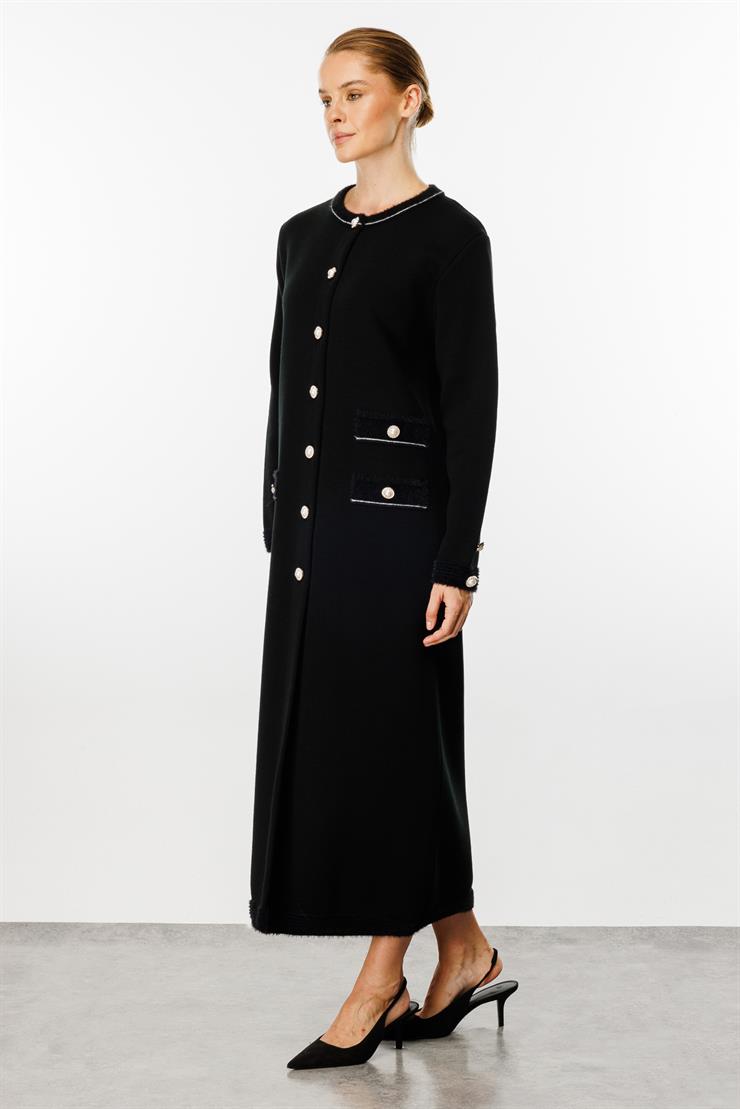 Triko İnci Düğmeli Pardesü-SİYAH
