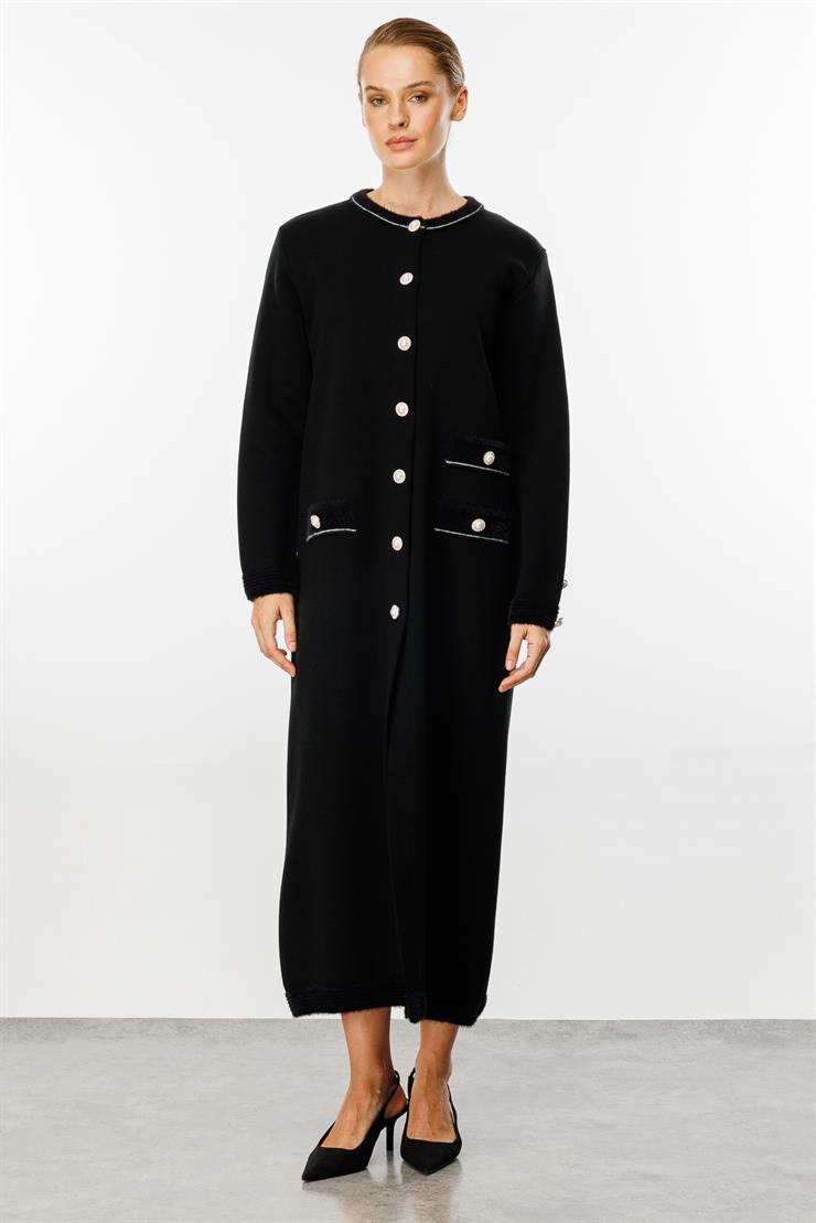 Triko İnci Düğmeli Pardesü-SİYAH