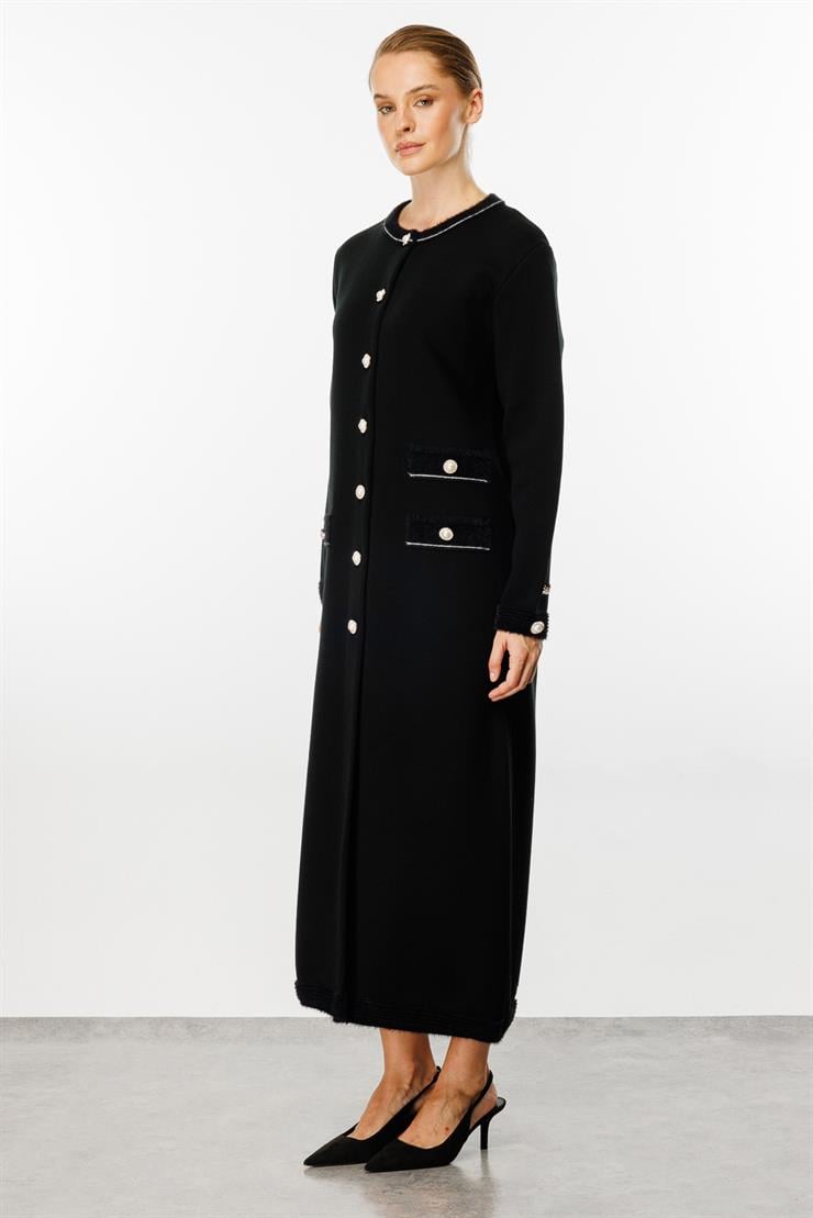 Triko İnci Düğmeli Pardesü-SİYAH