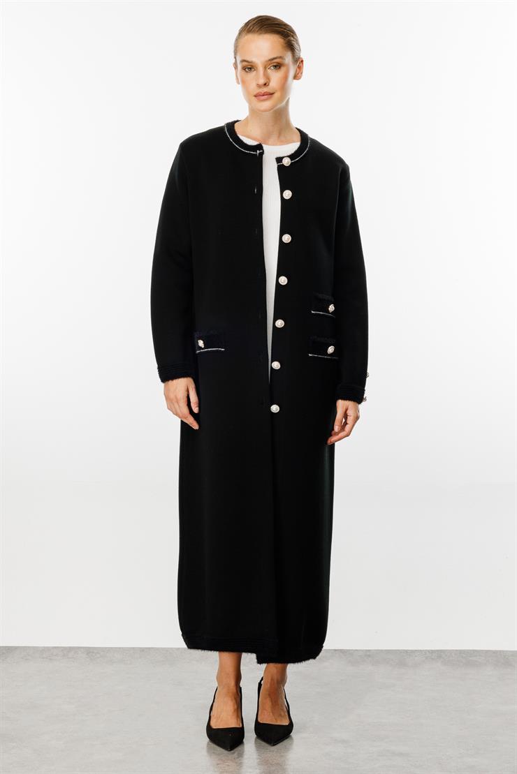 Triko İnci Düğmeli Pardesü-SİYAH