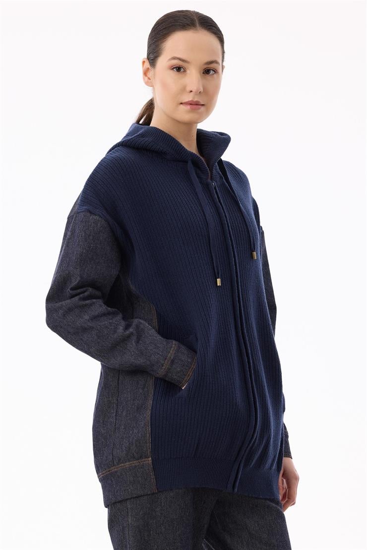 Triko Kombinli Kapüşonlu Denim Takım LACİVERT